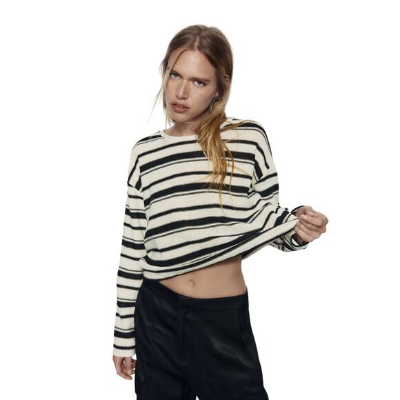 ZARA Crop Rustic Sweater Striped Long Sleeve Cotton White Black Crew Neck Medium - Picture 11 of 11